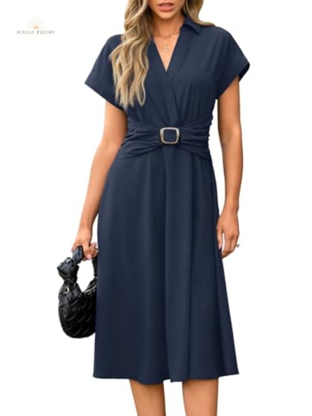 Women's Button Down Midi Business Casual Dress with Pockets Short Sleeve V-Neck